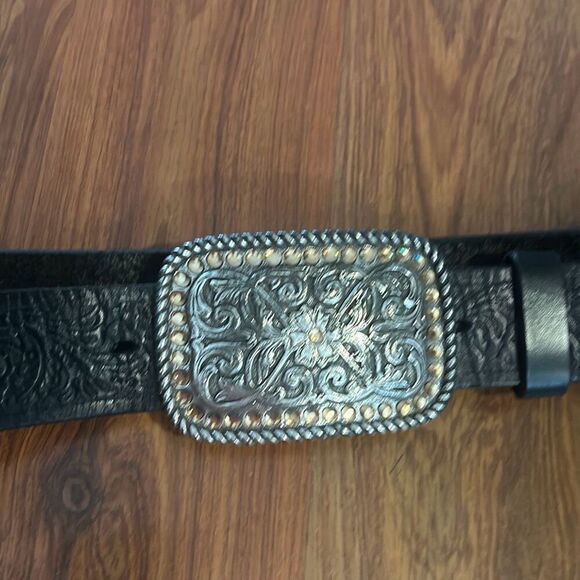 Justin black leather belt with silver buckle - Picture 1 of 6